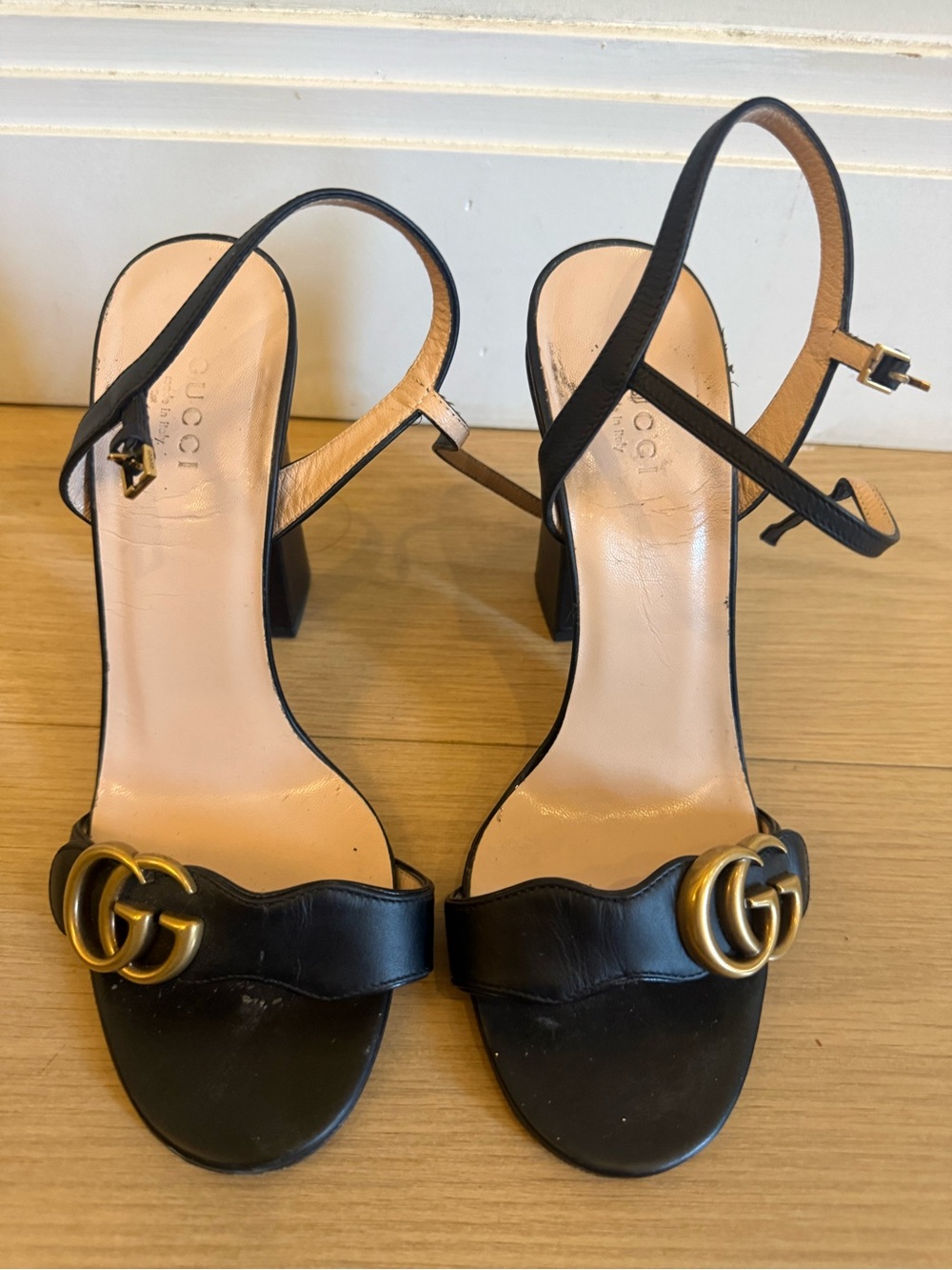 Gucci Black Leather GG Gold-Accent Slingback Heels